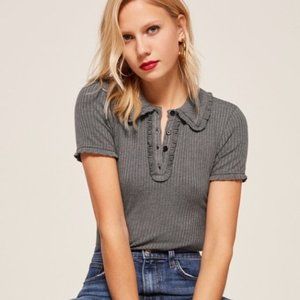 Reformation Margaret Lightweight Sweater Ribbed Polo Top, Grey, Size M
